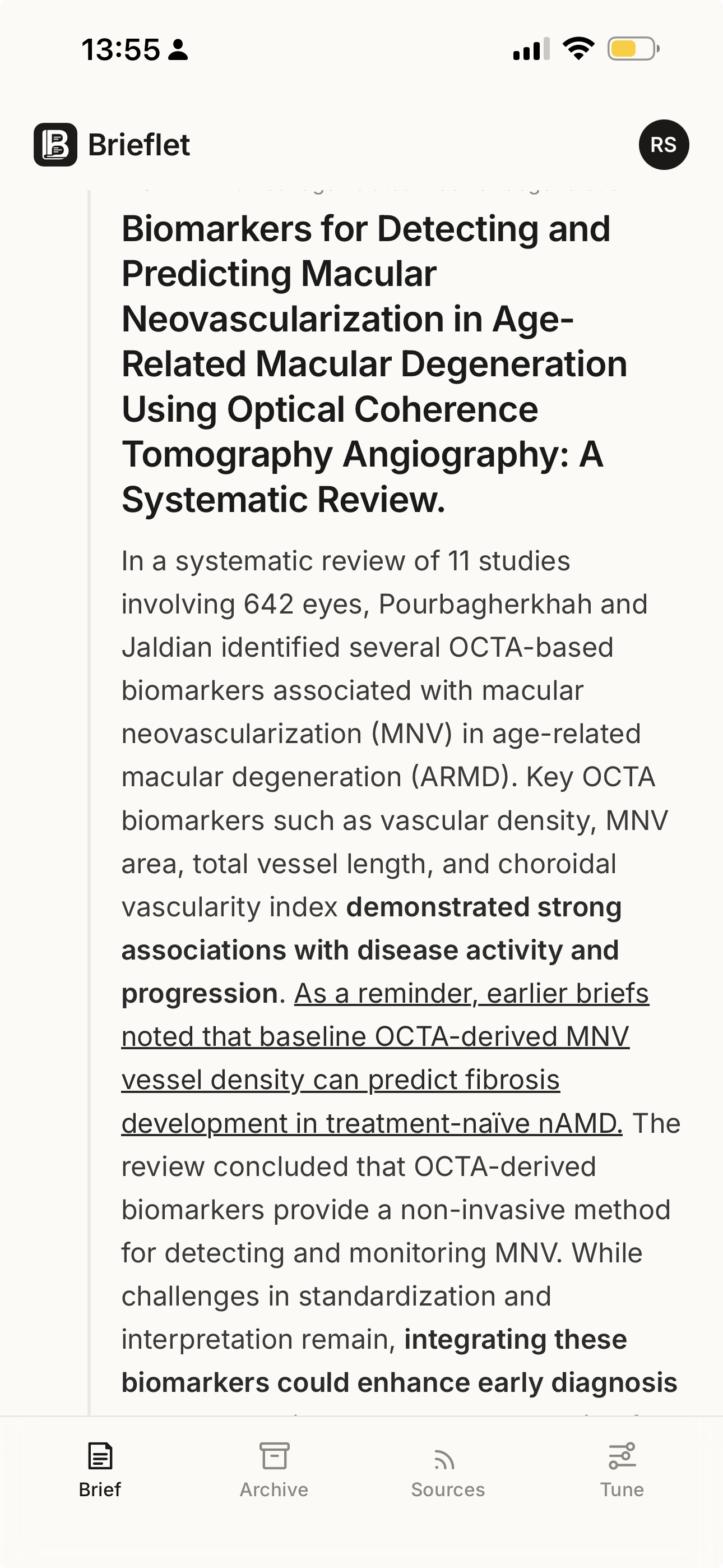 Personalized ophthalmology article summary on iPhone