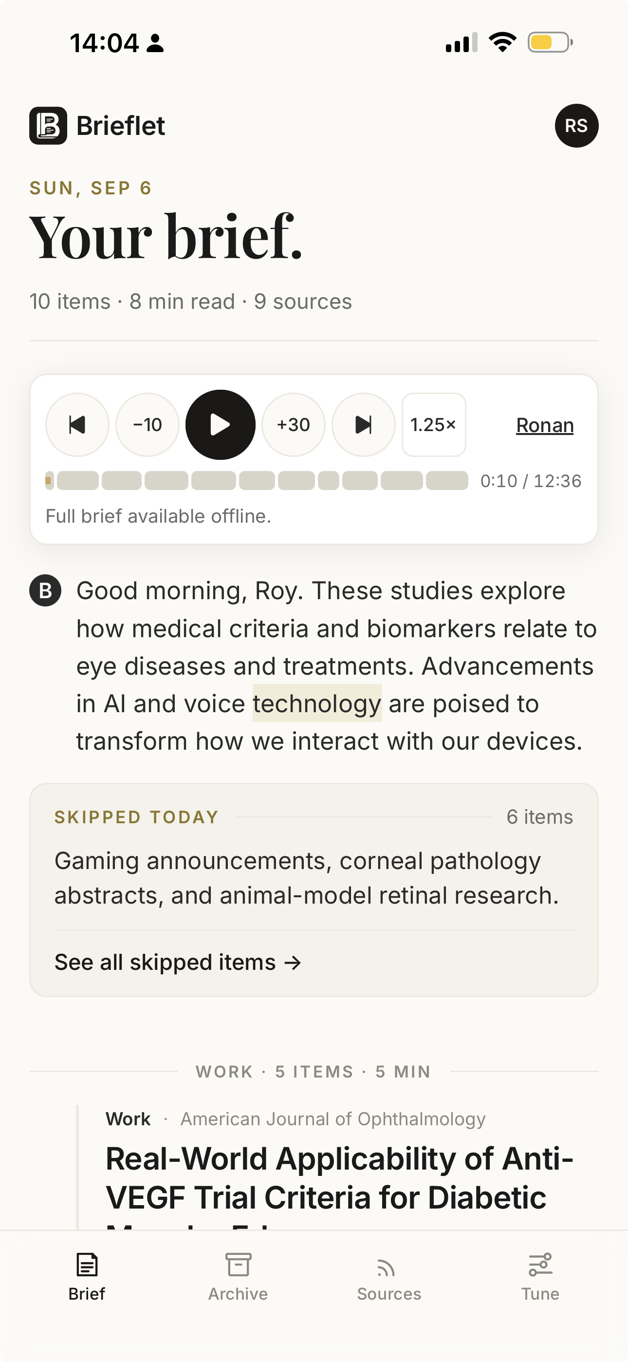 Brieflet brief and audio controls on iPhone